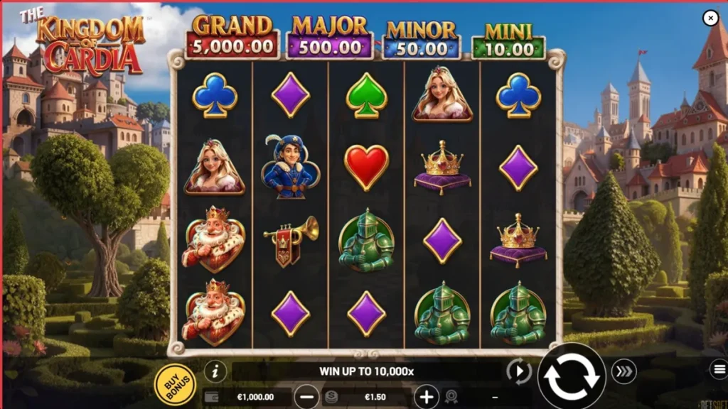 The Kingdom of Cardia slot game interface featuring fantasy cards and garden theme
